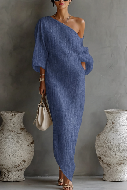 One-Shoulder Linen Blend Maxi Dress - view 3