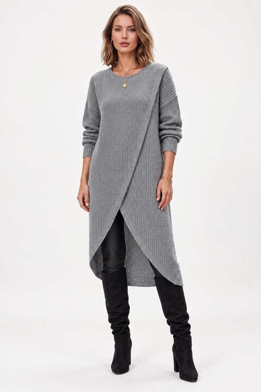 Rib Knit Wrap-Front Tunic Top - 2