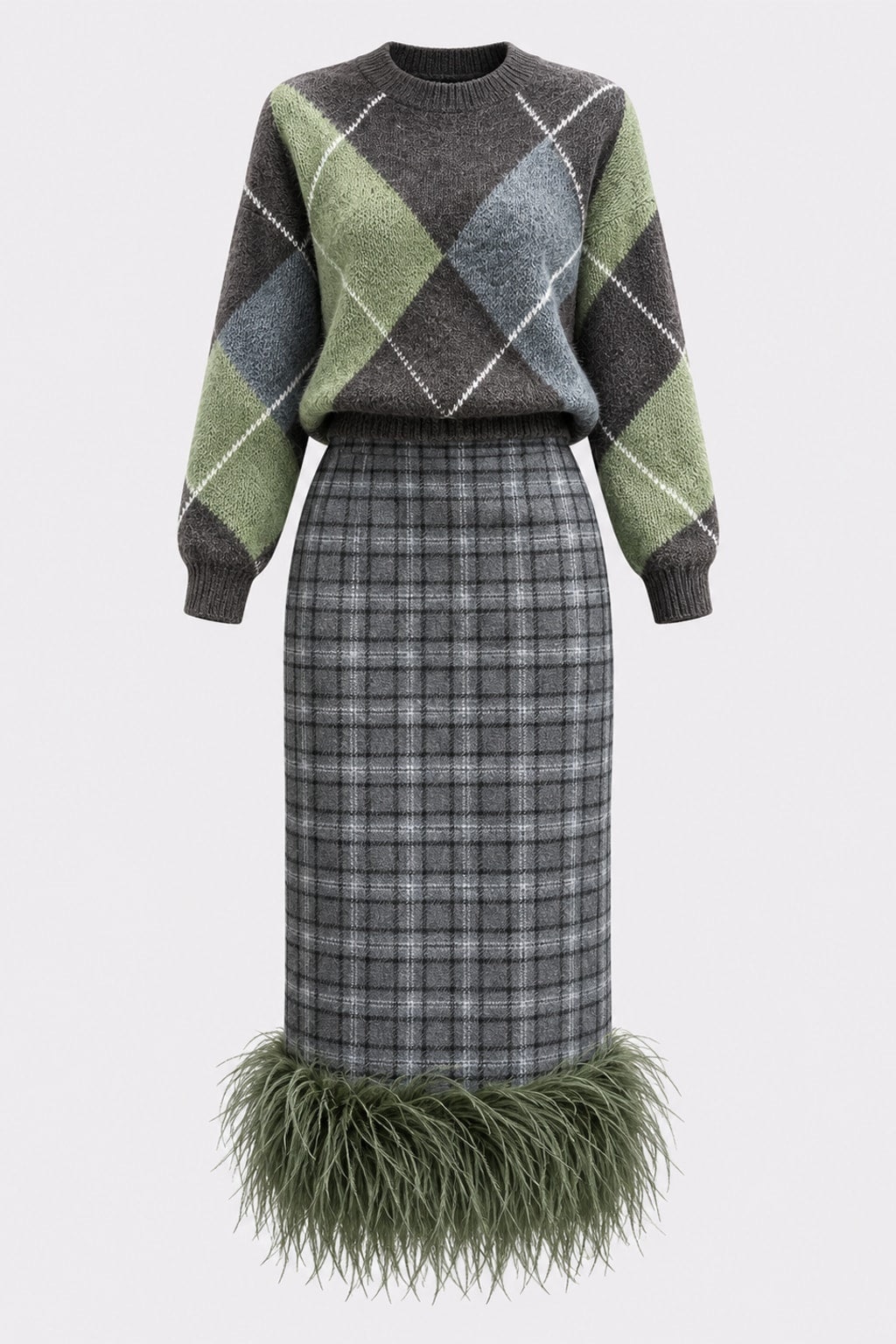 Midi Skirt Straight Plaid with Feather Trim - 1