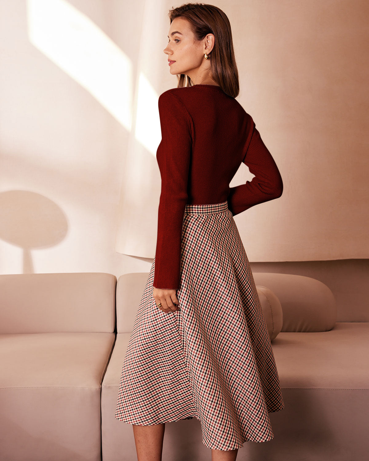 Red ribbed knit top with long bell sleeves - view 5