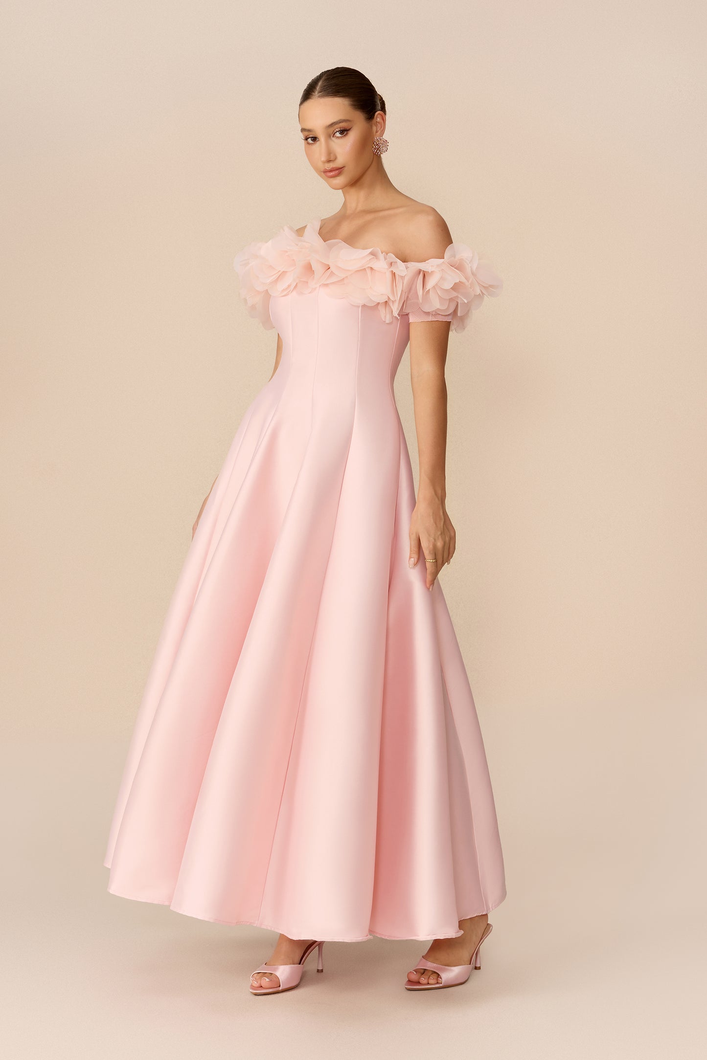 Pink satin off-shoulder maxi dress with floral trim - view 5