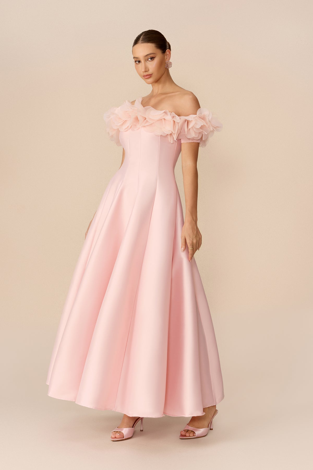 Pink satin off-shoulder maxi dress with floral trim - view 5