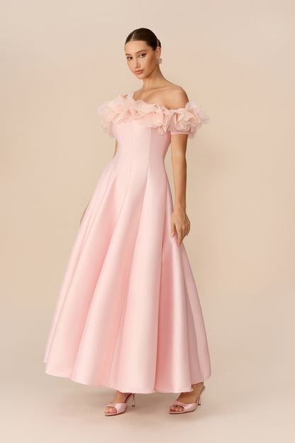 Pink satin off-shoulder maxi dress with floral trim - view 5