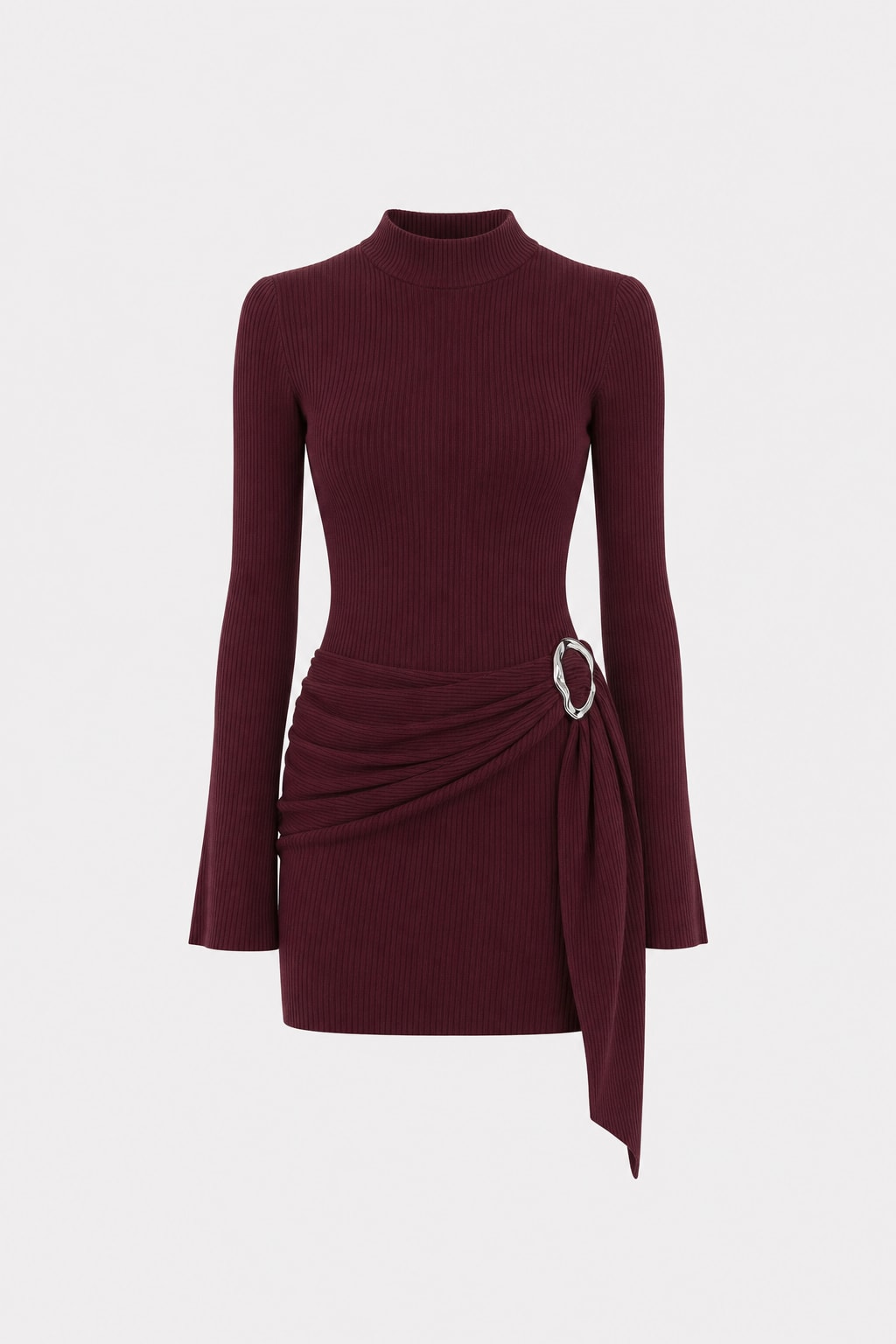 Ribbed Knit Mini Dress With Side Drape - 1