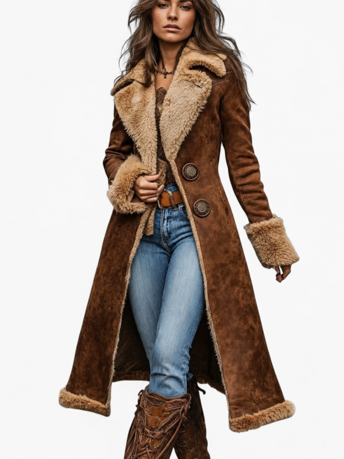 Cozy Faux Suede Long Coat with Faux Fur Lining - 2
