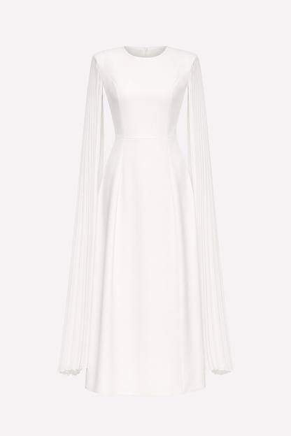 White pleated cape sleeve midi dress
