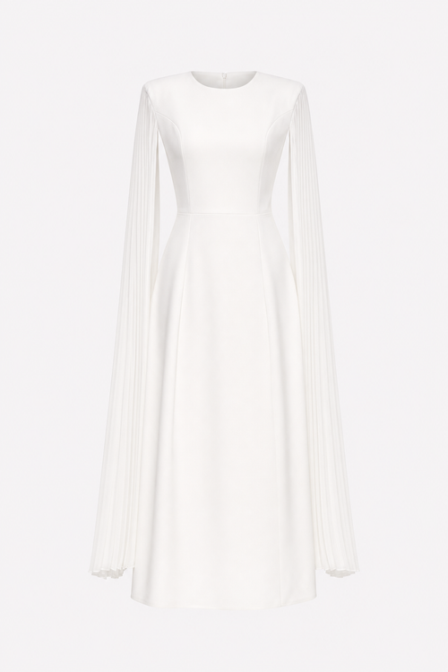 White pleated cape sleeve midi dress