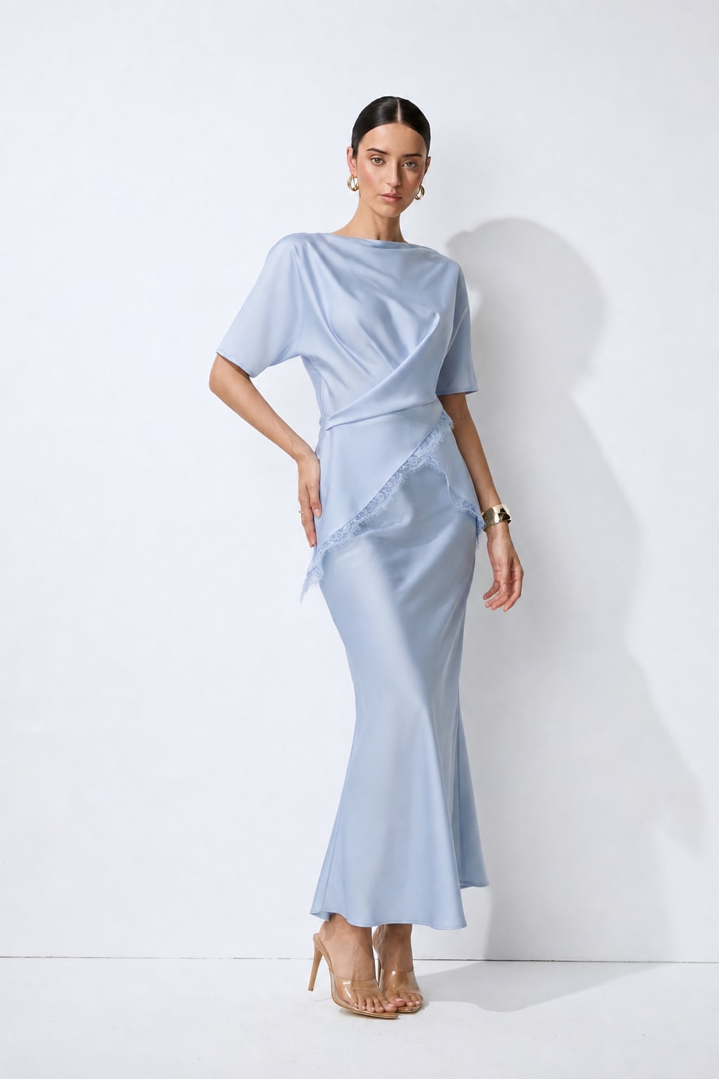 Satin Lace-Trim Blouse & Skirt Set - 2