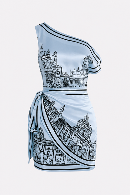 Satin one-shoulder asymmetrical midi dress - view 6