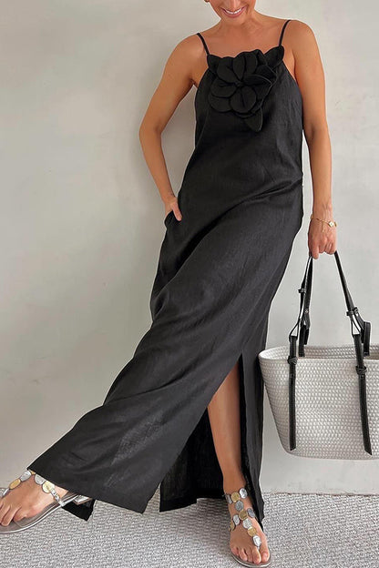 Square Neck Linen Maxi Dress With Side Slit - view 3