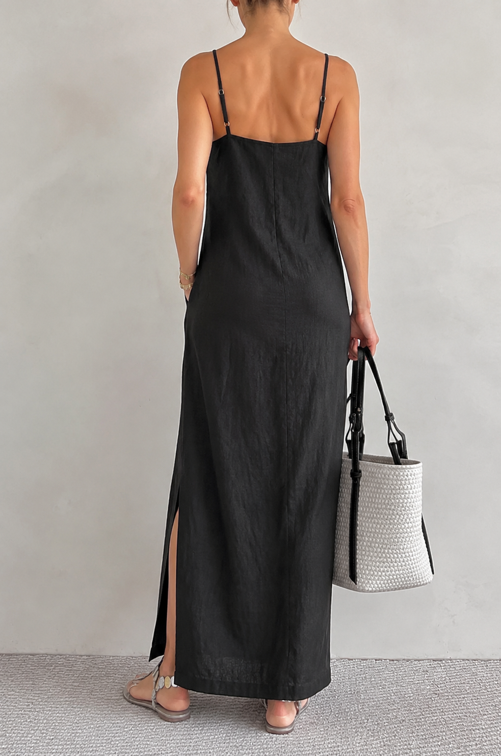 Square Neck Linen Maxi Dress With Side Slit - view 4