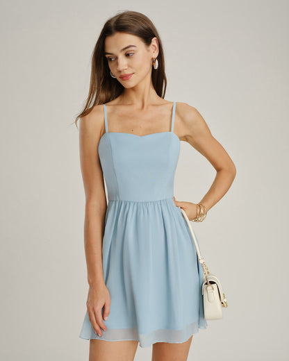 Blue Chiffon Sweetheart Mini Dress - view 5
