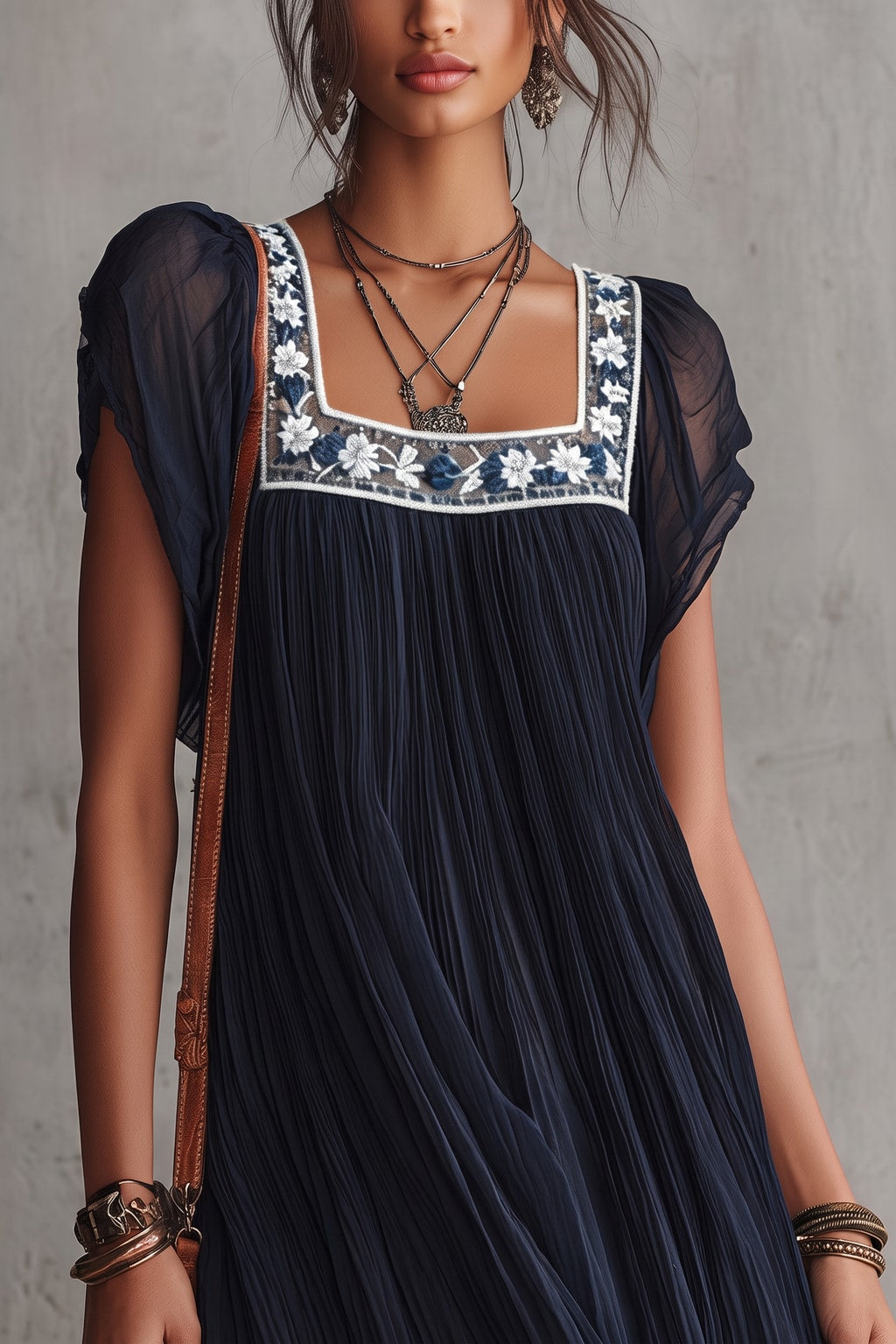 Navy Blue Chiffon Pleated Babydoll Mini Dress - 5