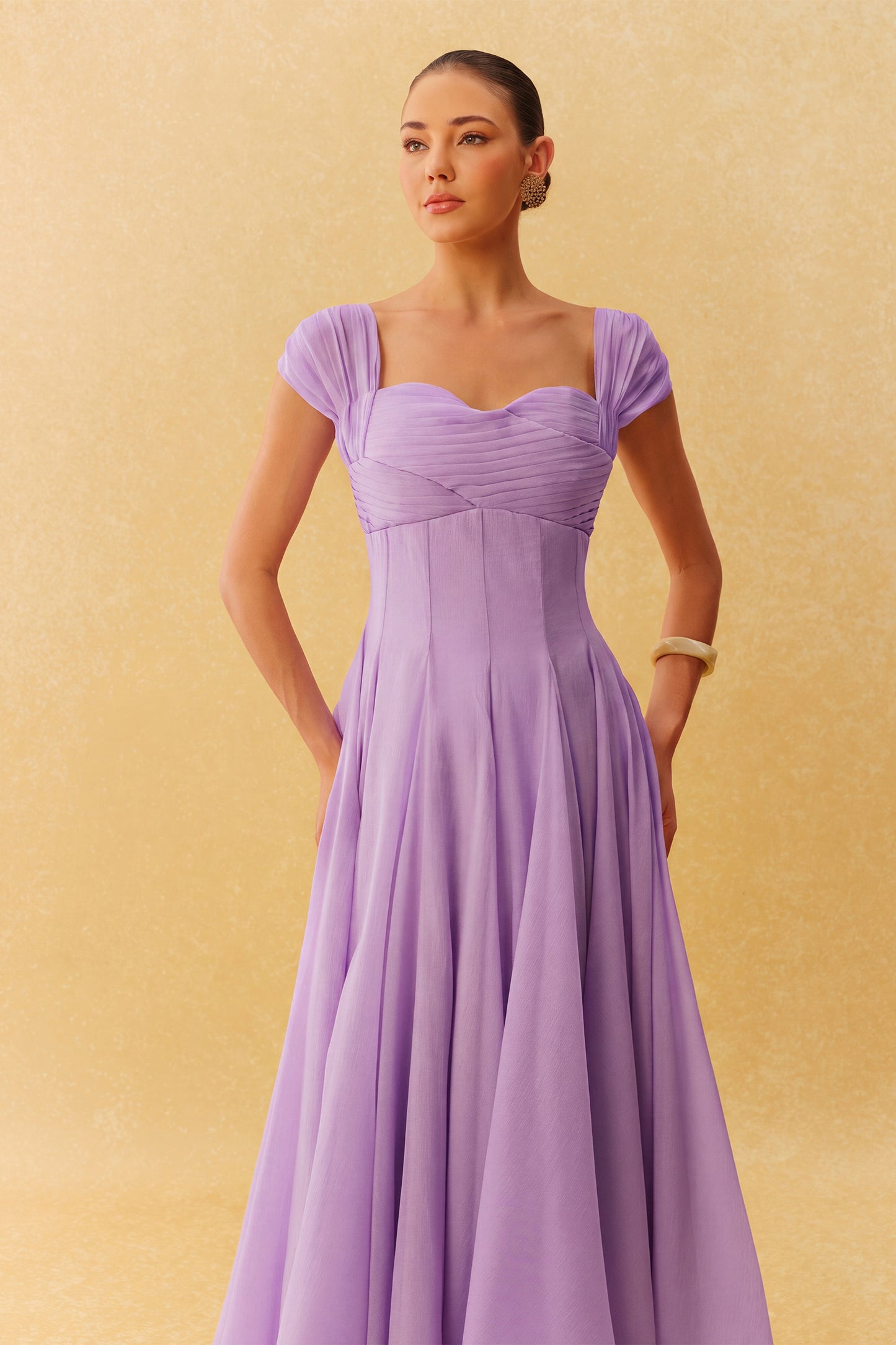 Purple Chiffon Maxi Dress with Pleated Bodice - view 4