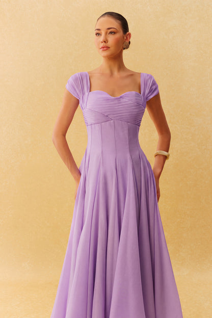 Purple Chiffon Maxi Dress with Pleated Bodice - view 4