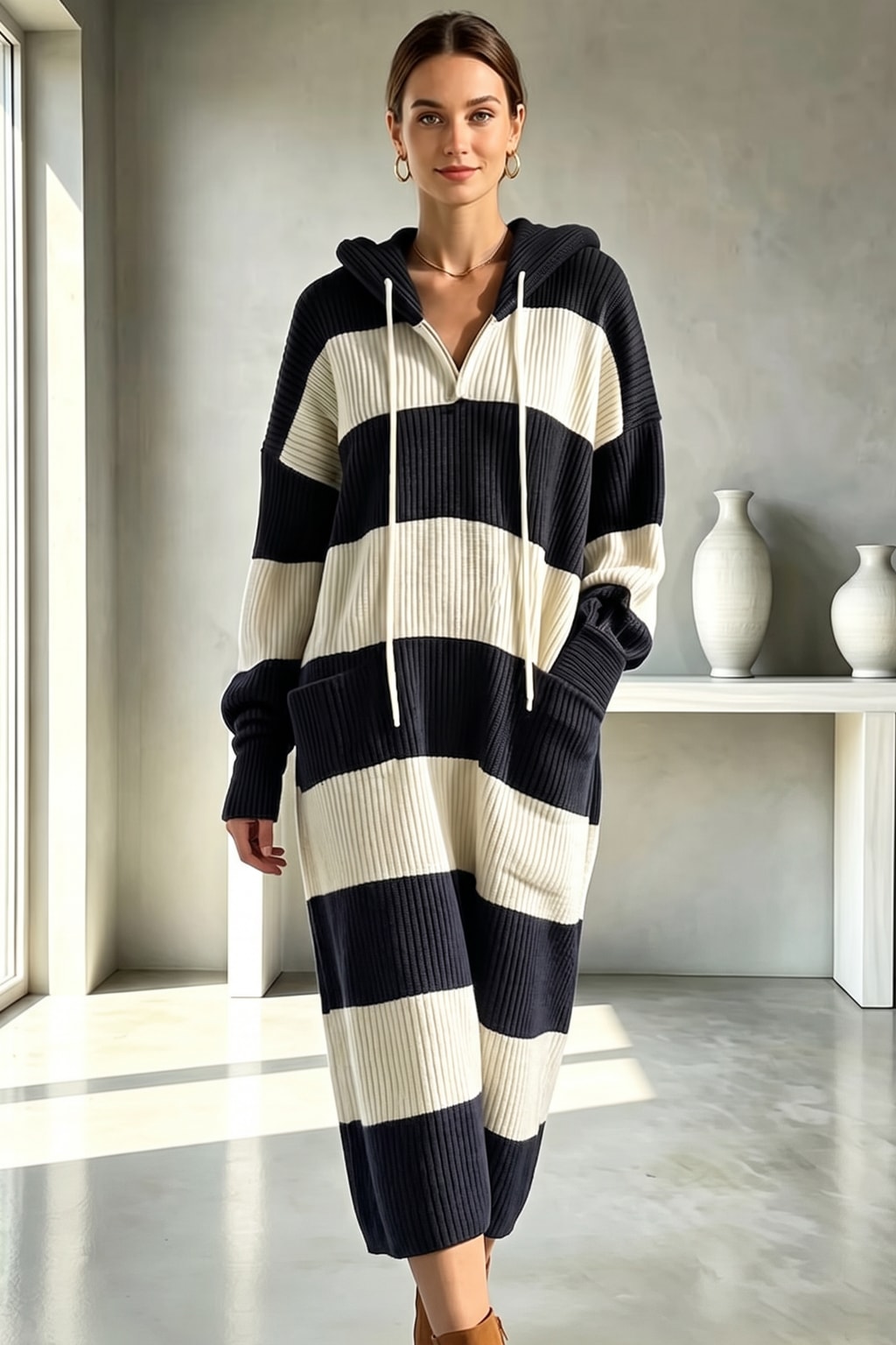 Knit Hooded Sweater Midi Dress - 7