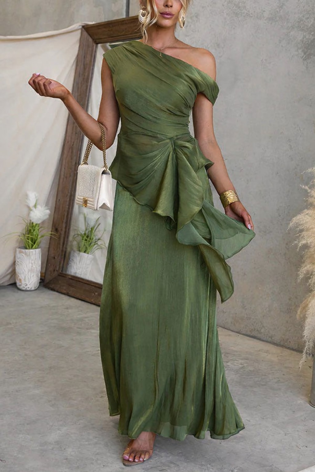 Polyester Set With One-Shoulder Ruched Top & Flare Skirt - 2