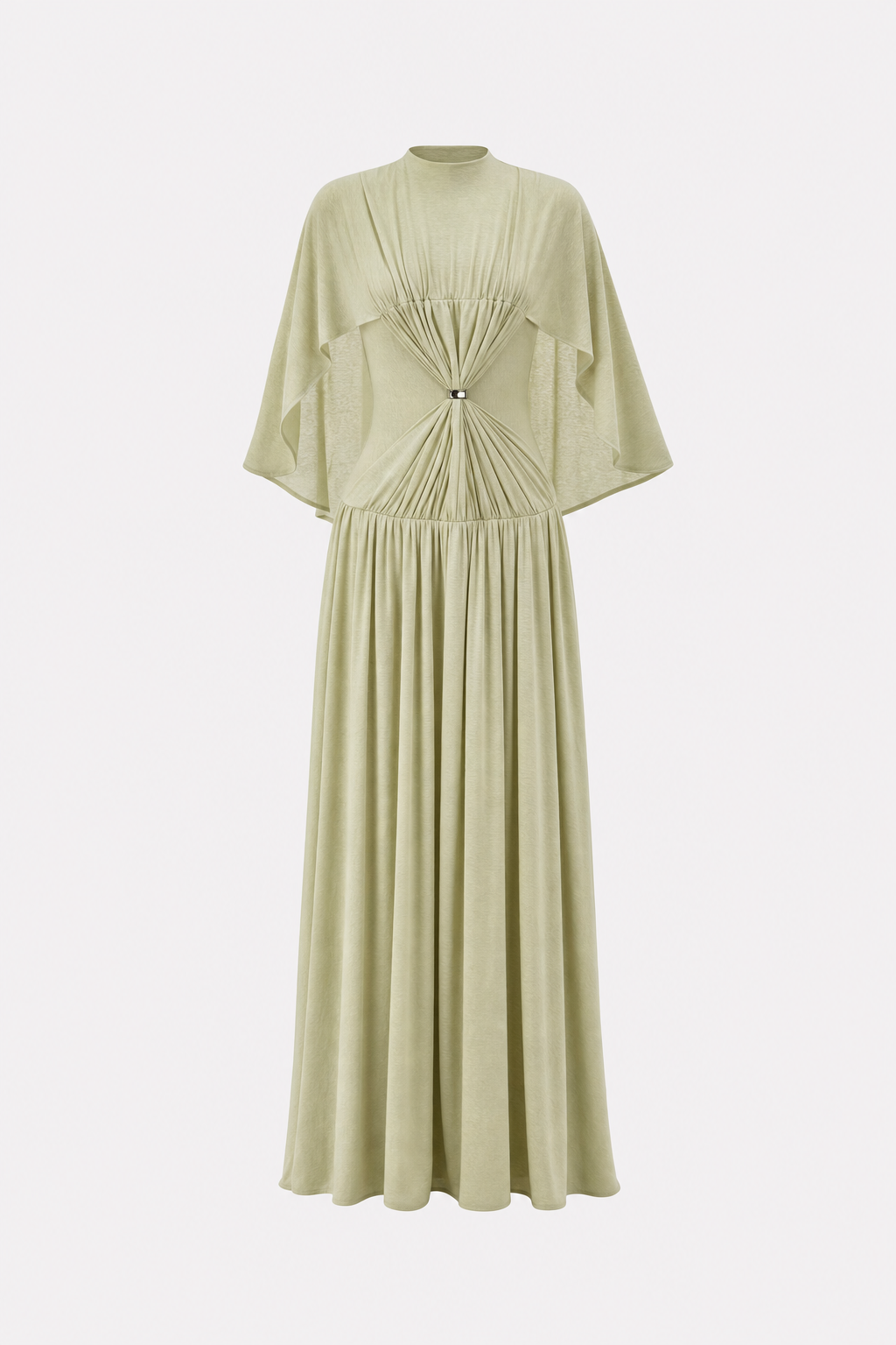 Green Cape Sleeve Knit Maxi Dress, Buckle Waist