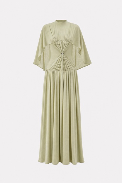 Green Cape Sleeve Knit Maxi Dress, Buckle Waist