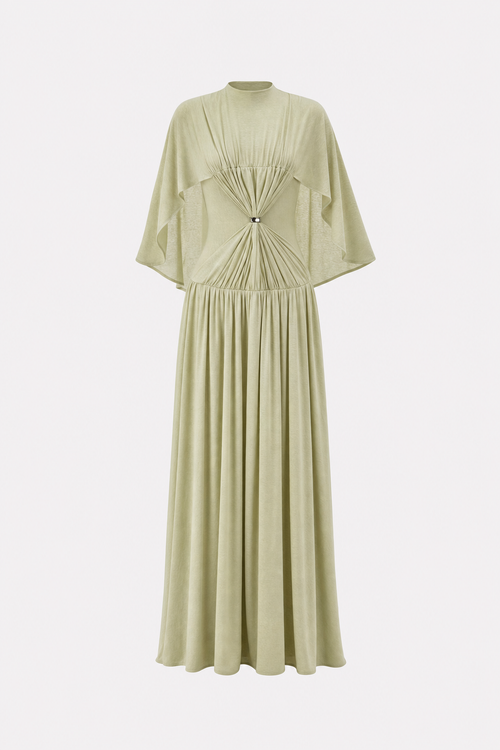 Green Cape Sleeve Knit Maxi Dress, Buckle Waist