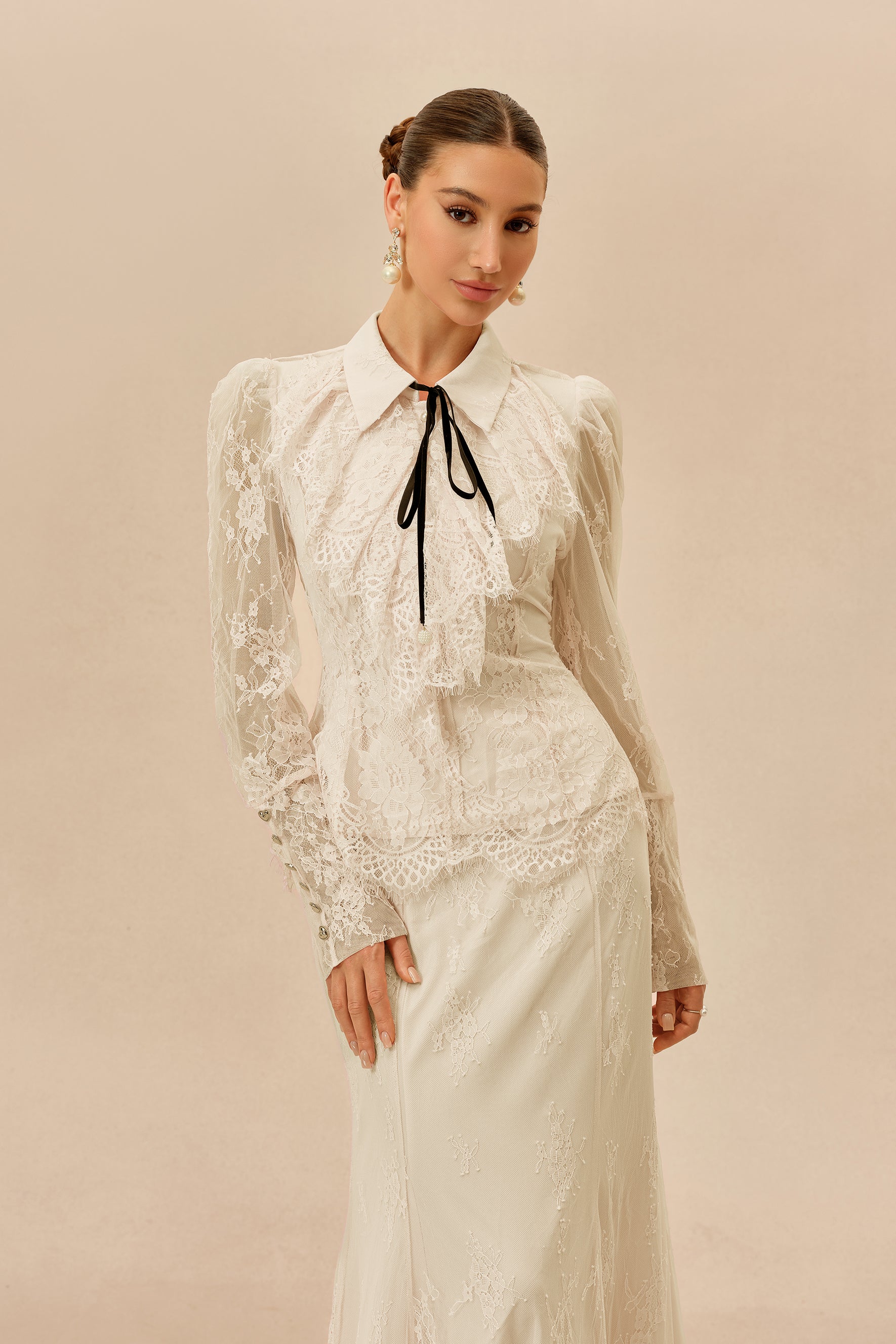Apricot Lace Collared Top and Maxi Skirt Set - view 3