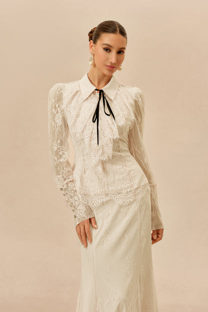 Apricot Lace Collared Top and Maxi Skirt Set - view 3