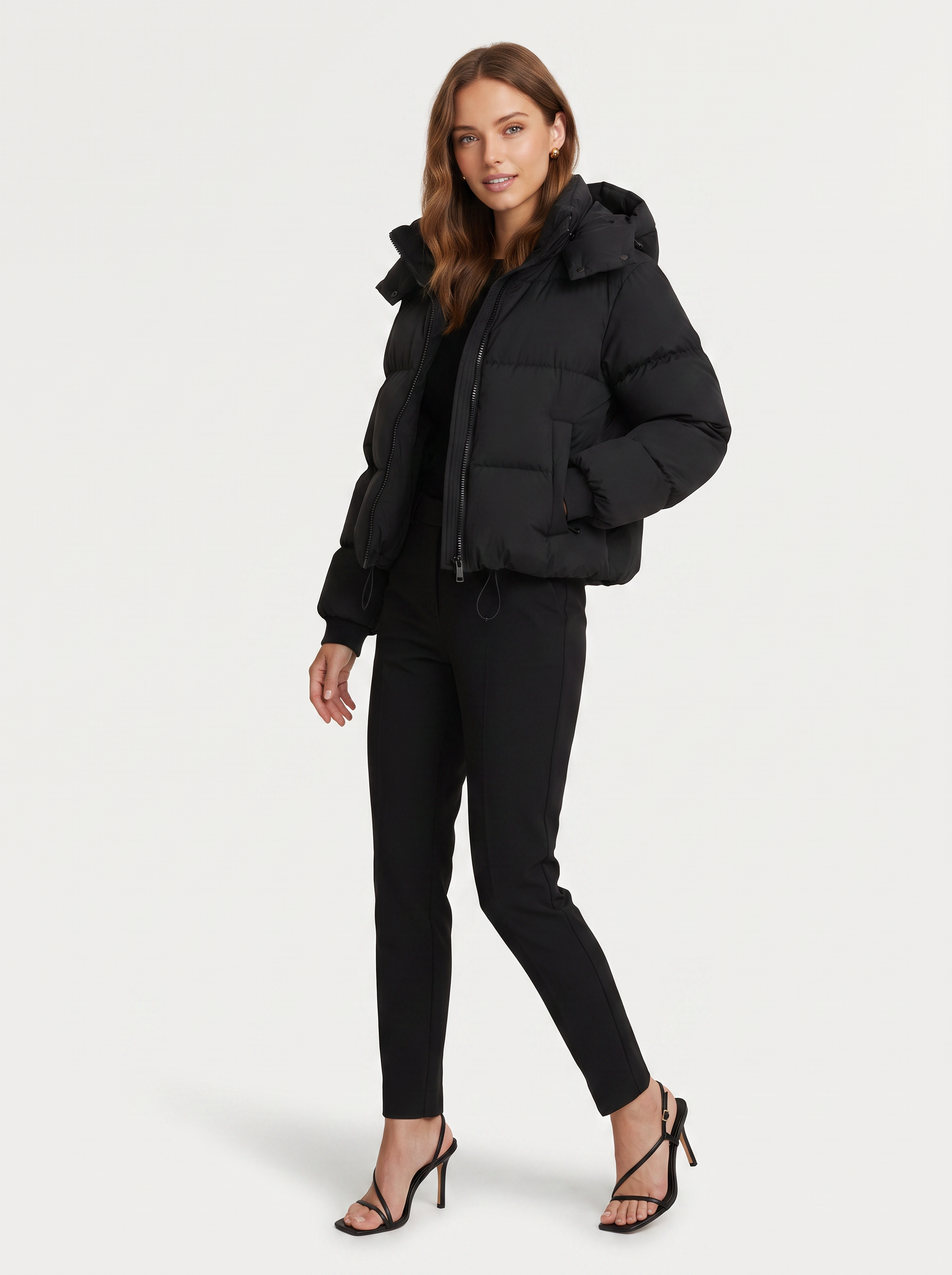 Cropped black quilted puffer jacket with hood - view 3