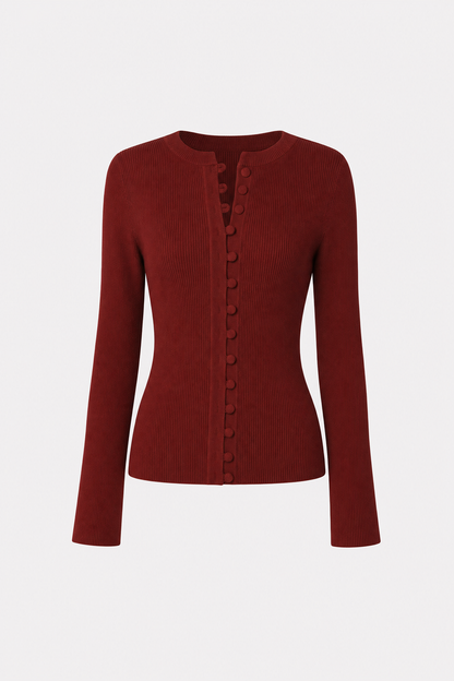 Red ribbed knit top with long bell sleeves