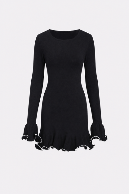 Black ribbed knit sweater mini dress with ruffle trim
