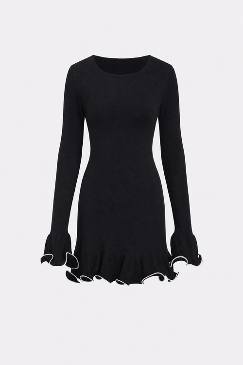 Black ribbed knit sweater mini dress with ruffle trim