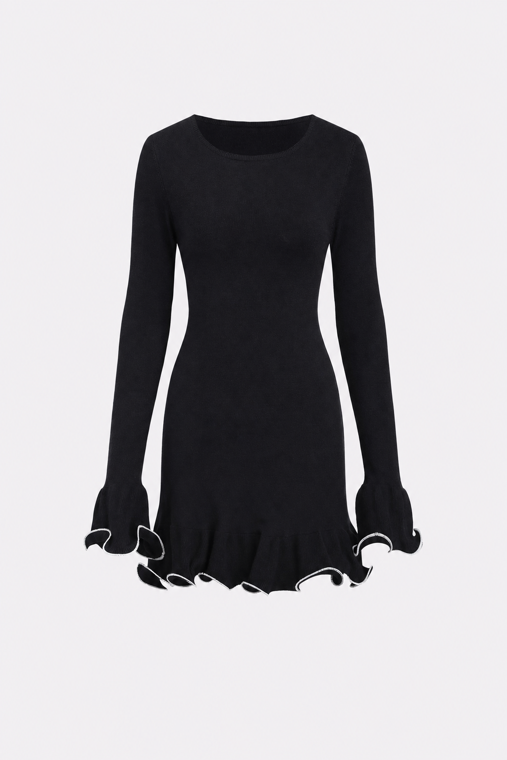 Ribbed Knit Sweater Mini Dress With Ruffle Detail, Long Sleeve - 1