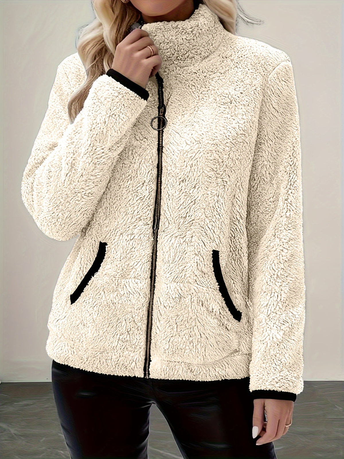 Plush Fleece Zip-Up Jacket With Contrast Trim - view 8