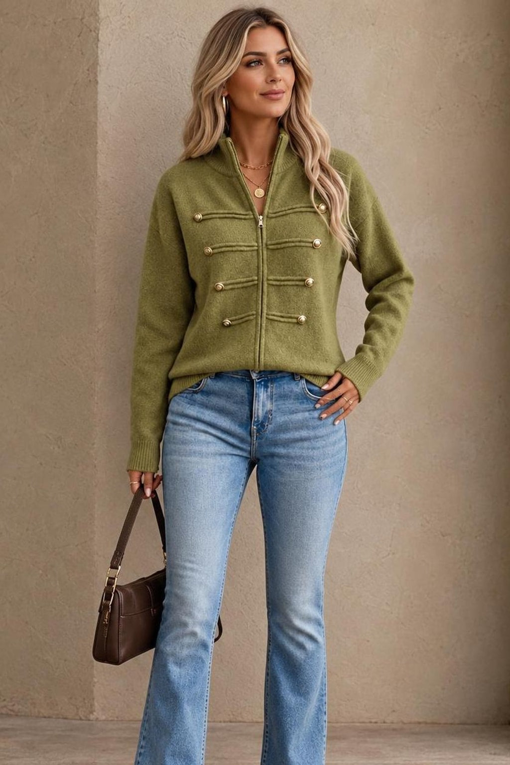 Knit Zip-Front Military-Style Cardigan - 4