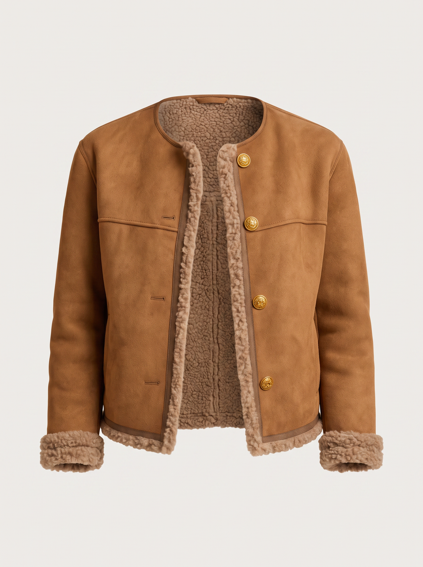 Brown cropped suede shearling collarless jacket