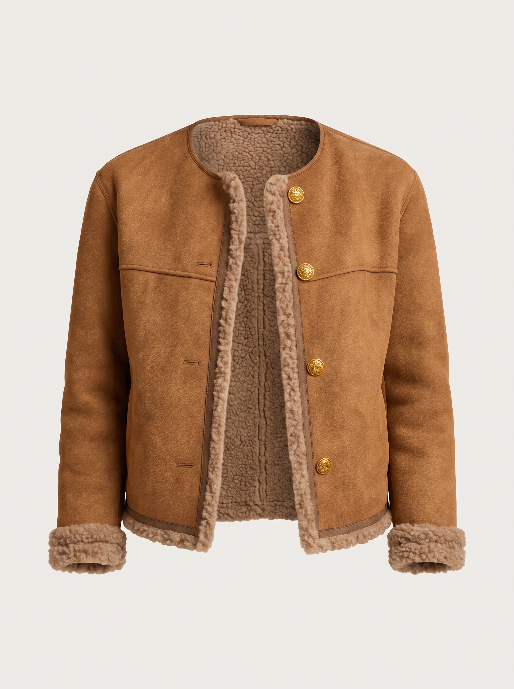 Brown cropped suede shearling collarless jacket