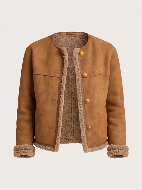 Brown cropped suede shearling collarless jacket