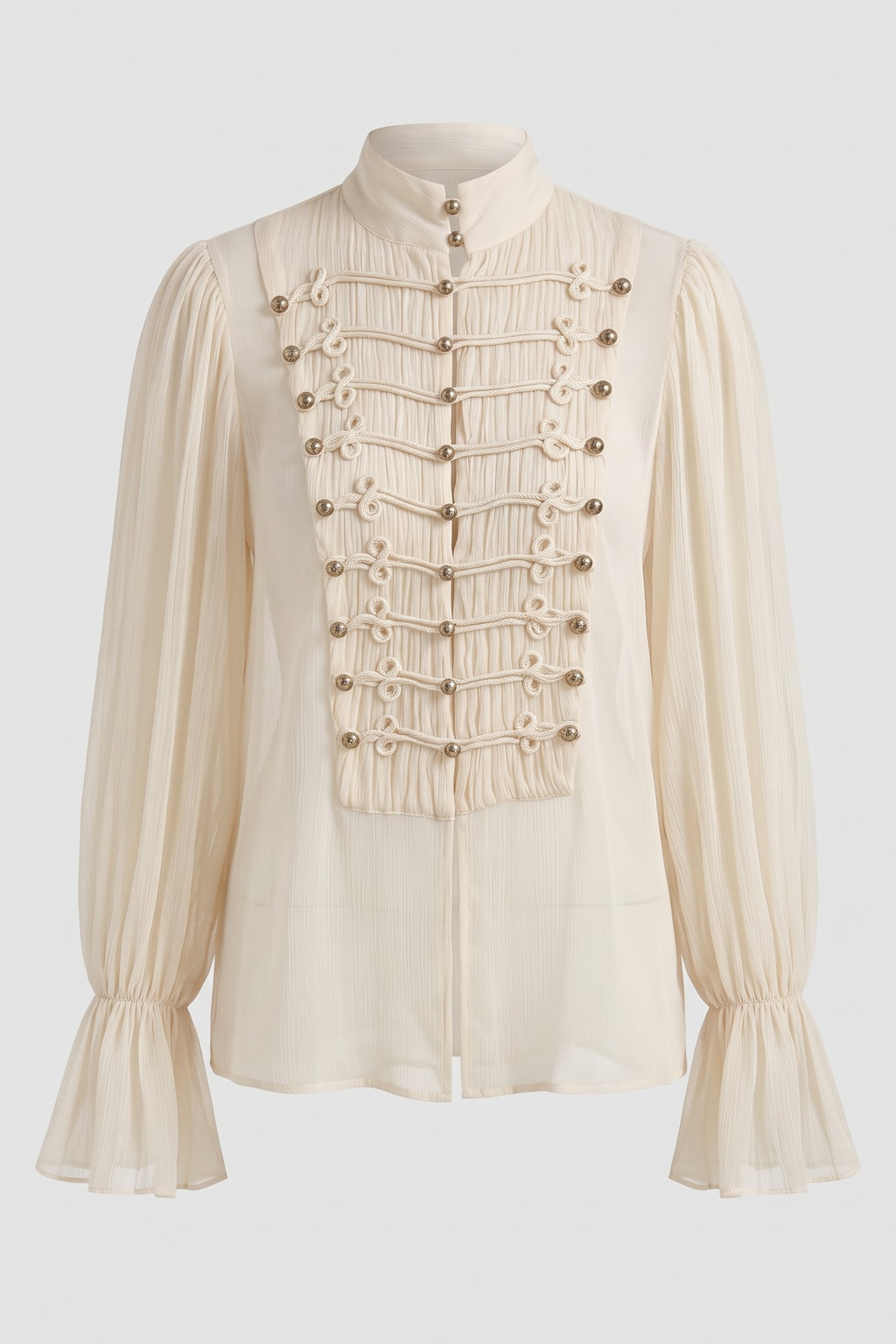 Beige Polyester Button-Down Shirt With Ruffle Sleeves - 1