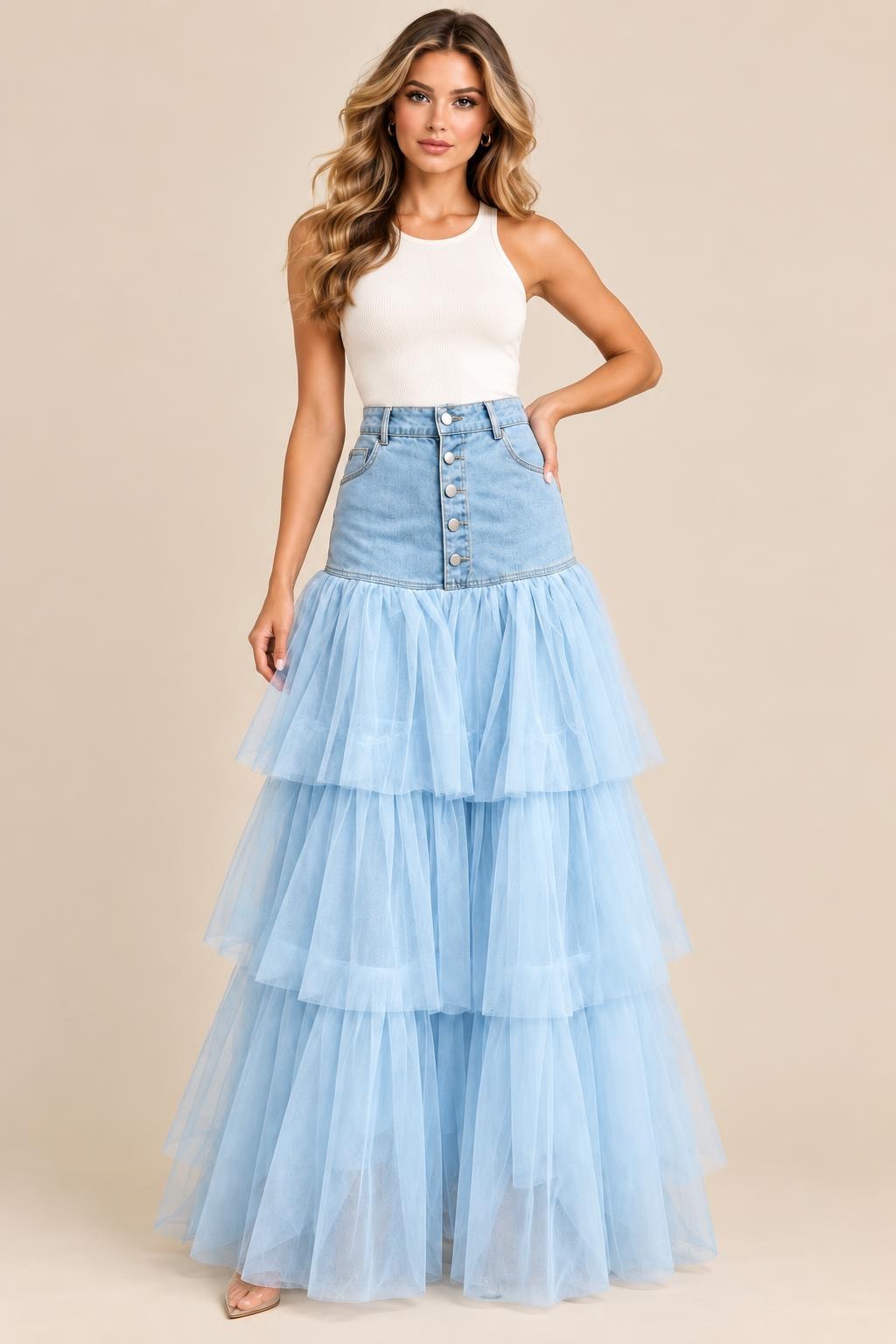 Cotton Blend Maxi Skirt With Tiered Mesh - 2