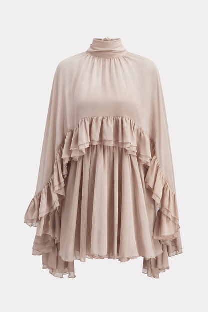 Chiffon Mini Dress with Ruffle Cape Overlay
