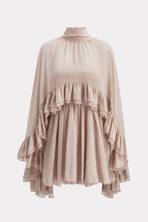 Chiffon Mini Dress with Ruffle Cape Overlay
