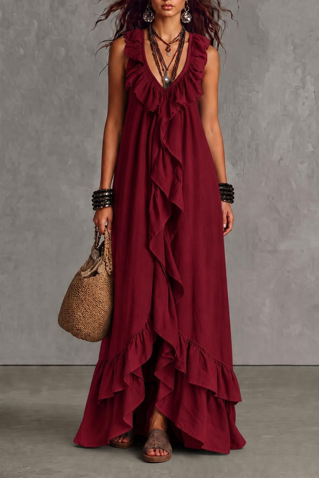 Terylene Maxi Dress With Ruffle Trim - 5