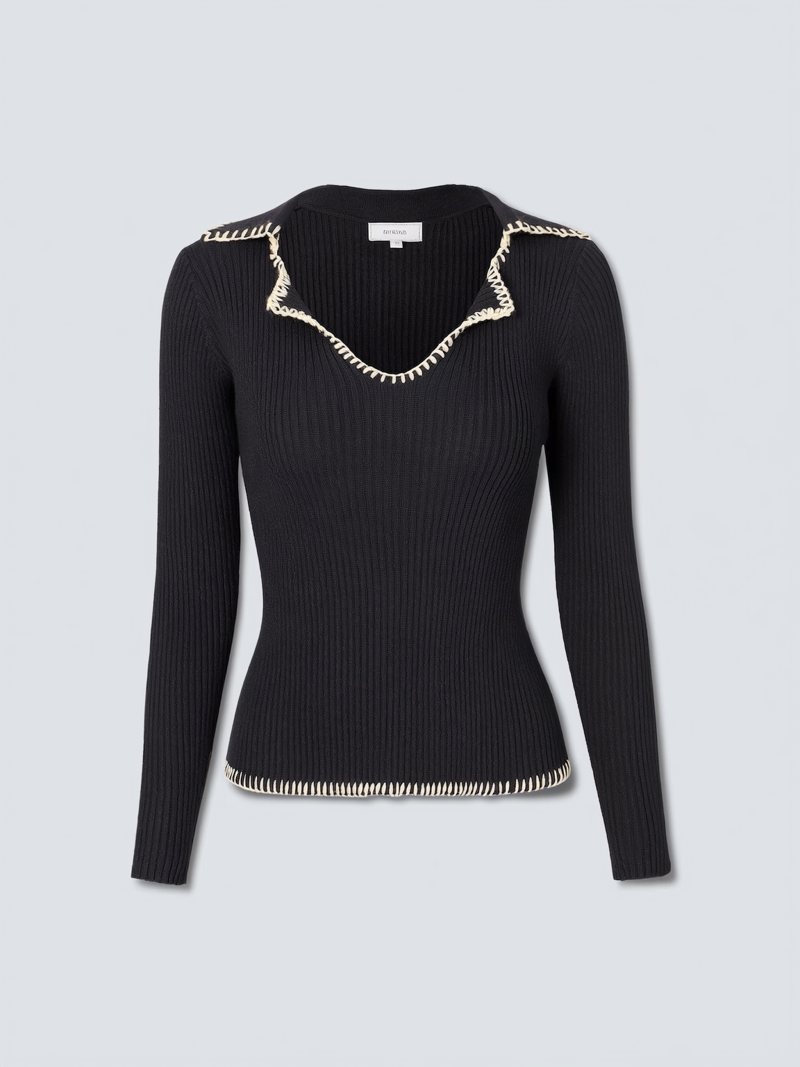 Black Ribbed Knit Top with Colorblock Lapel