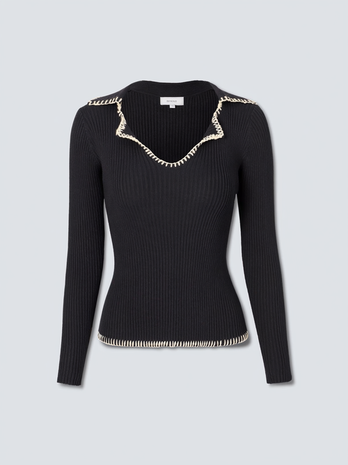 Black Ribbed Knit Top with Colorblock Lapel