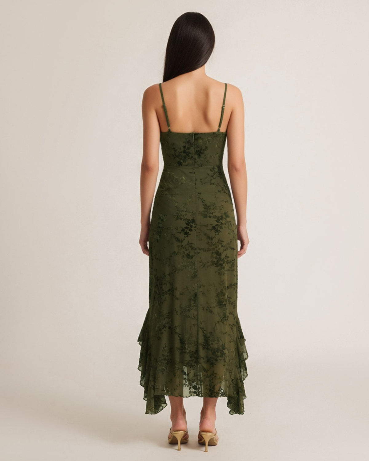 Green Mesh Floral Ruffle Midi Dress - view 5