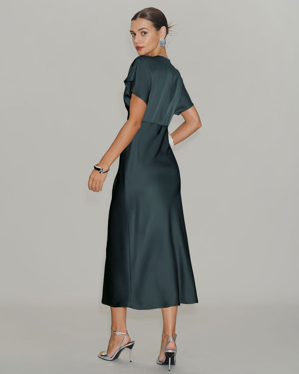 Grey green satin cowl sleeve midi dress - view 3