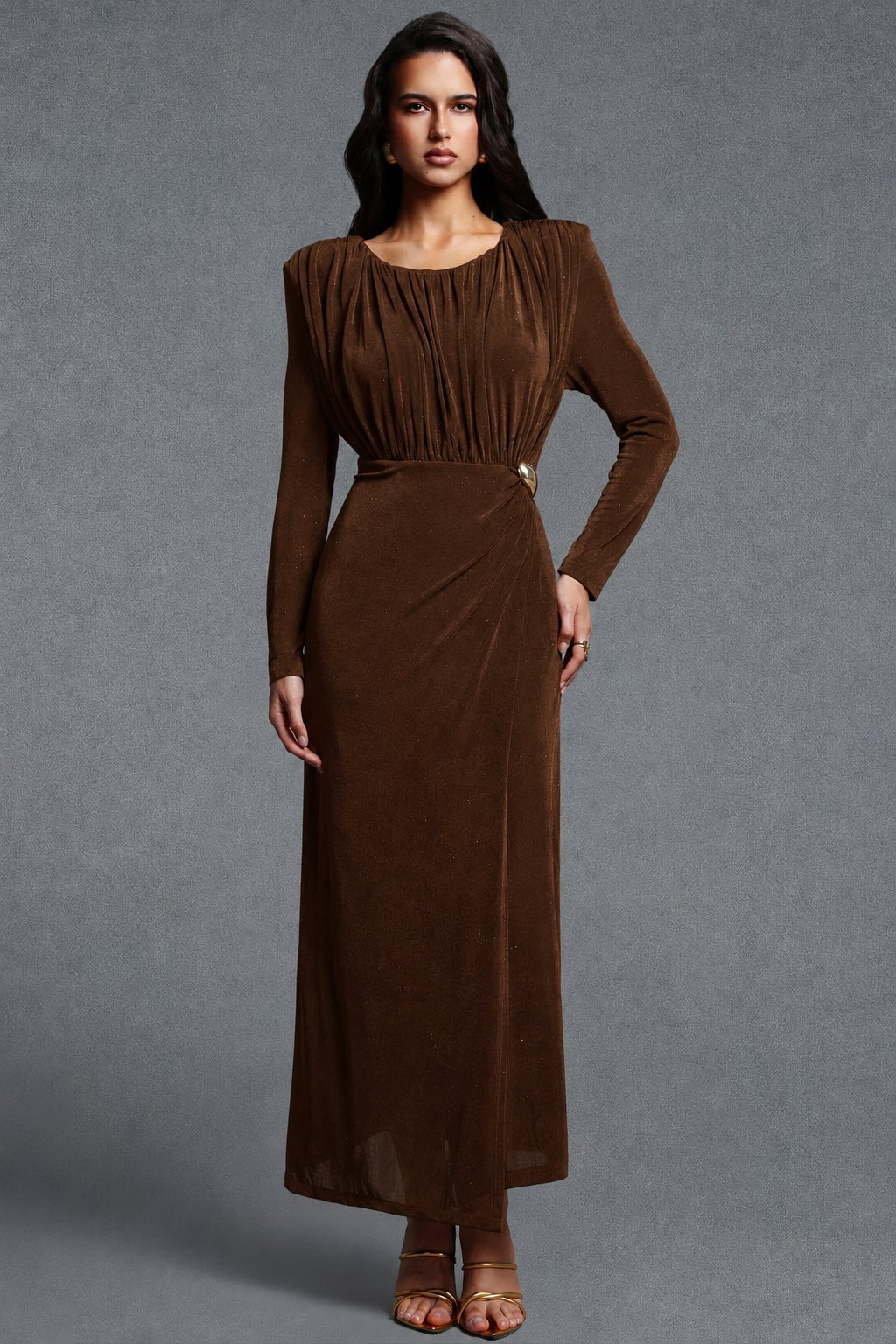 Knit Maxi Dress Long Sleeve Ruched Buckle - 8