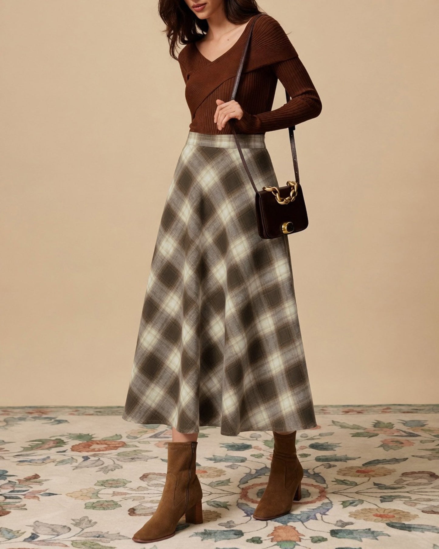 Brown Plaid Cotton Midi Skirt, Elastic Waist - view 2