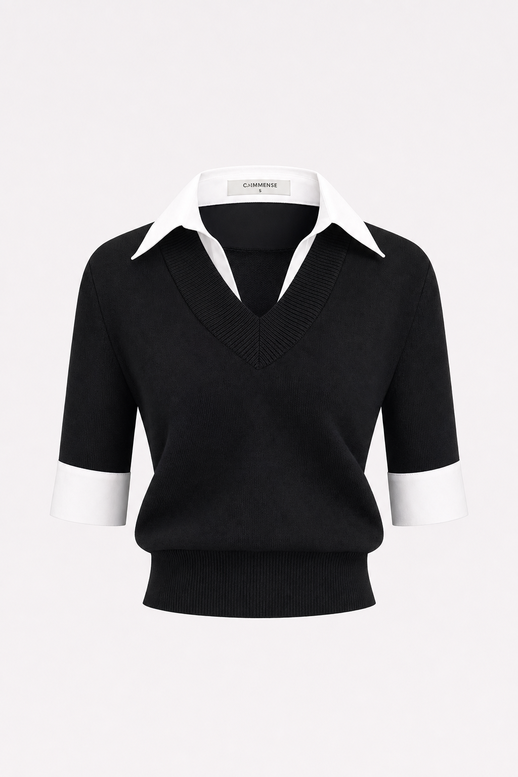 Contrast Collar Knit Top, Elbow Sleeves - view 6