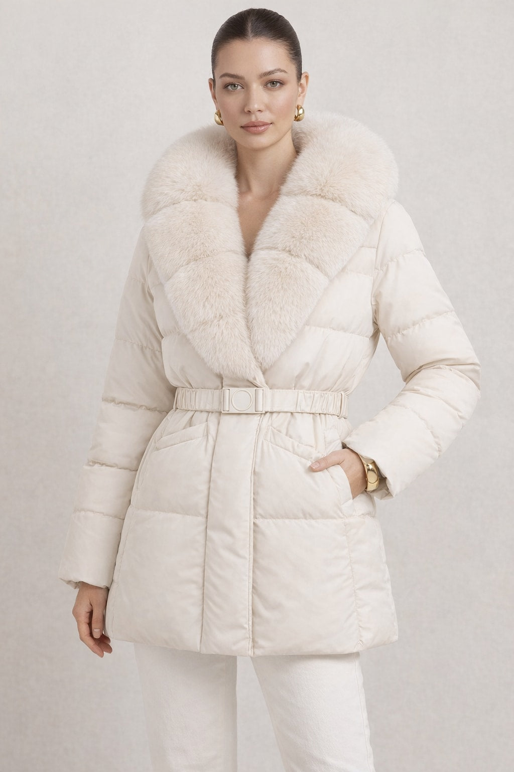 Cotton Mid-Length Jacket With Oversized Fur Collar - 6