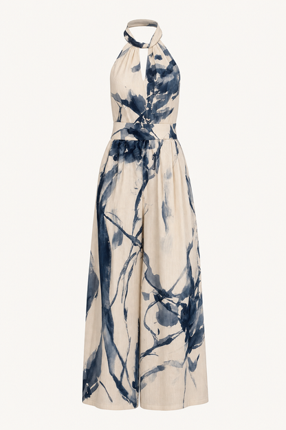 Blue wide-leg halter jumpsuit